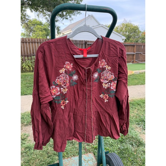 Chelsea & Violet Tops - Chelsea & Violet Burgundy Floral Embroidered Peplum Blouse Long Sleeve Top L